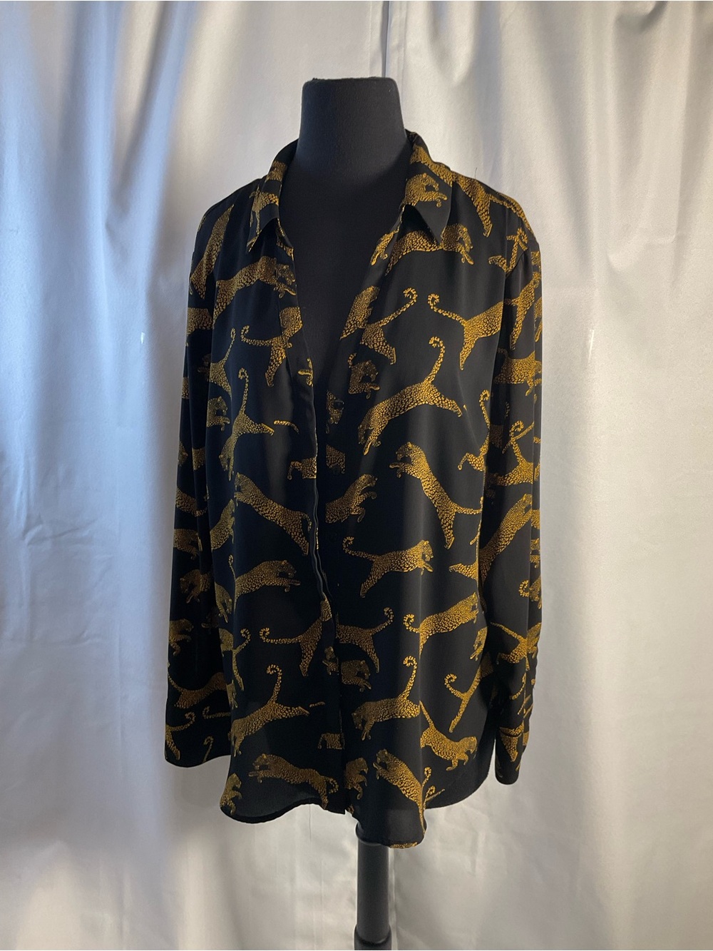 Worthington Black Button-Down Shirt with Gold Leopard Print